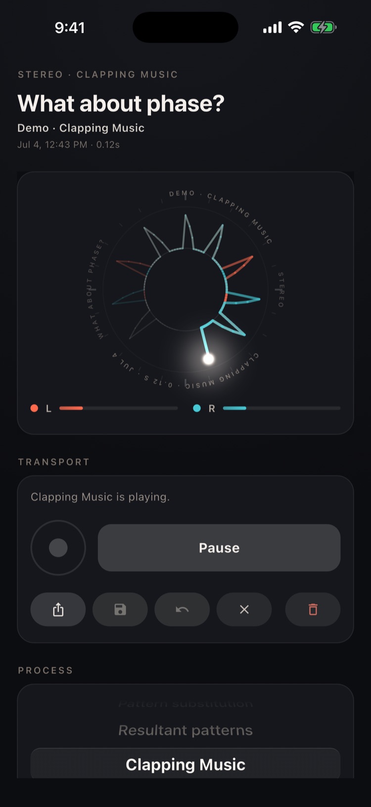 Clapping Music process: the two-hand pattern split across left and right rings